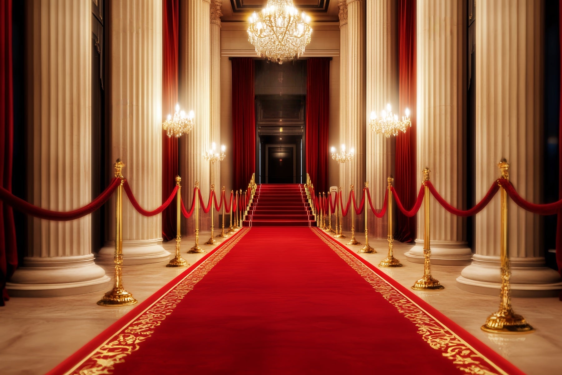 Roter Teppich-Foto Hintergrund Große Halle Kronleuchter Glanz Bühne Foto Hintergrund LXX58-341