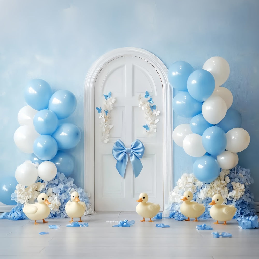 Neugeborenen Fotohintergrund Blaue Luftballons Enten Tür Neugeborenen Fotostudio Hintergründe LXX58-353