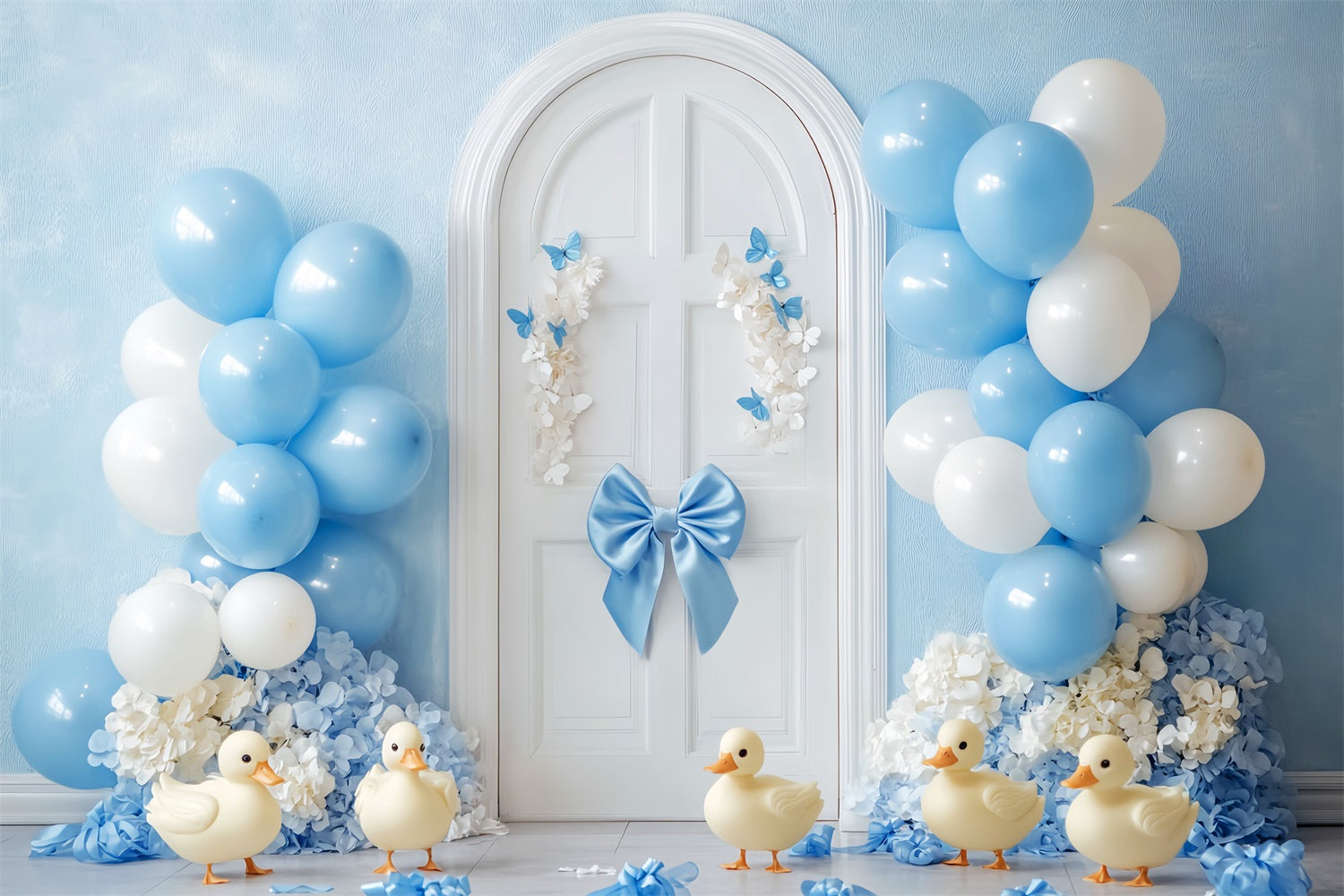 Neugeborenen Fotohintergrund Blaue Luftballons Enten Tür Neugeborenen Fotostudio Hintergründe LXX58-353
