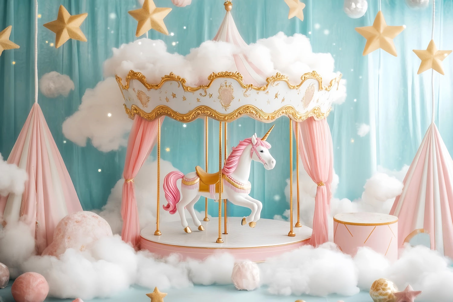 Neugeborenen Fotohintergrund Einhorn Karussell Rosa Wolken Neugeborenen Fotohintergrund LXX58-355