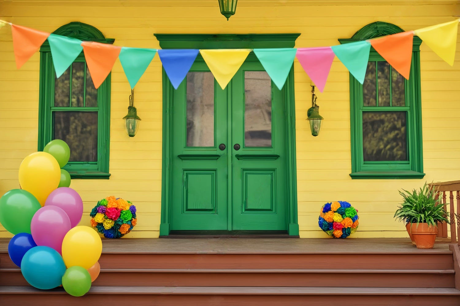 Neugeborenen Fotohintergrund Bunte Luftballons Grüne Tür Kinder Fotohintergrund LXX58-357