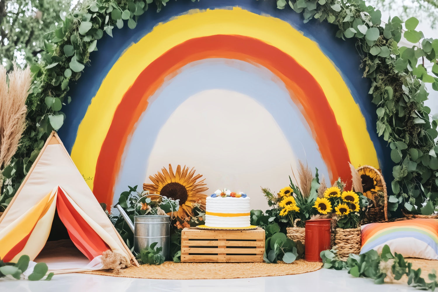 Neugeborenen Fotohintergrund Regenbogenkuchen Sonnenblumen Dekor Kinder-Fotohintergrund LXX58-358