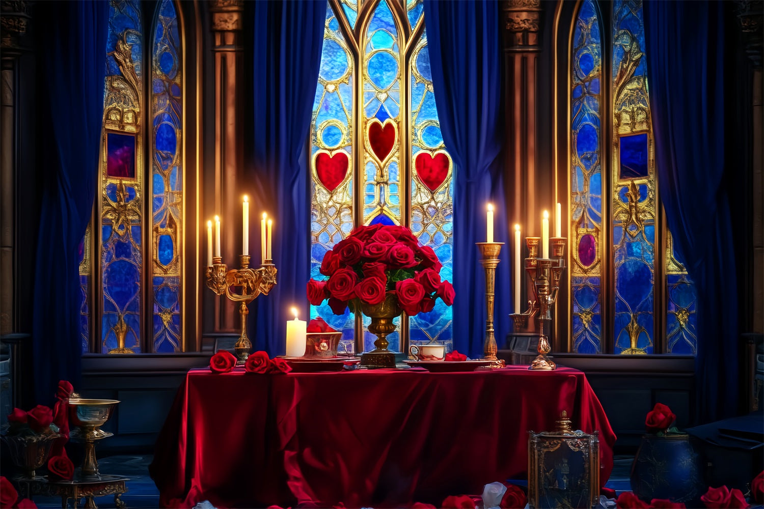 Schloss Fotohintergrund Romantischer Tisch mit Kerzenlicht und Rosen Kinder-Fotohintergrund LXX58-370