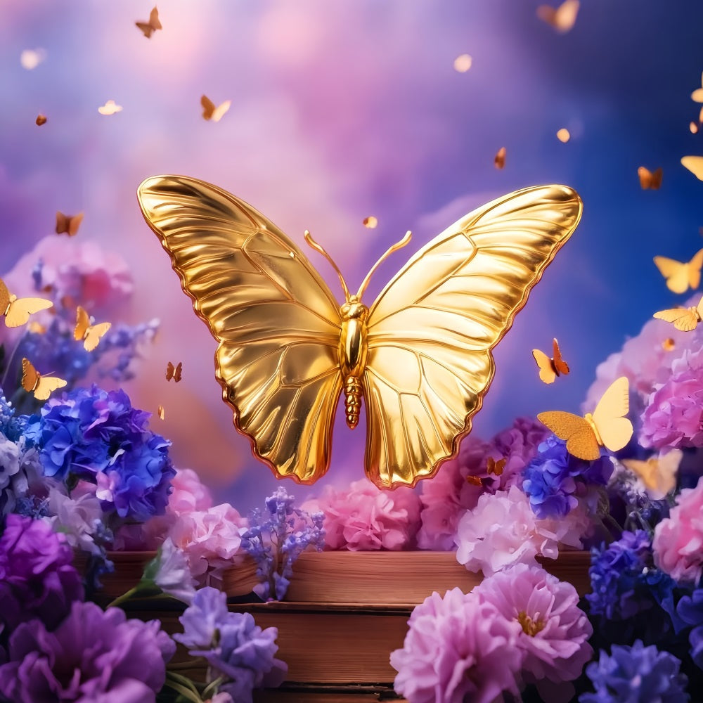 Schmetterling Fotohintergrund Goldener Schmetterling Blumen-Fantasie Neugeborenen Fotohintergrund LXX58-379