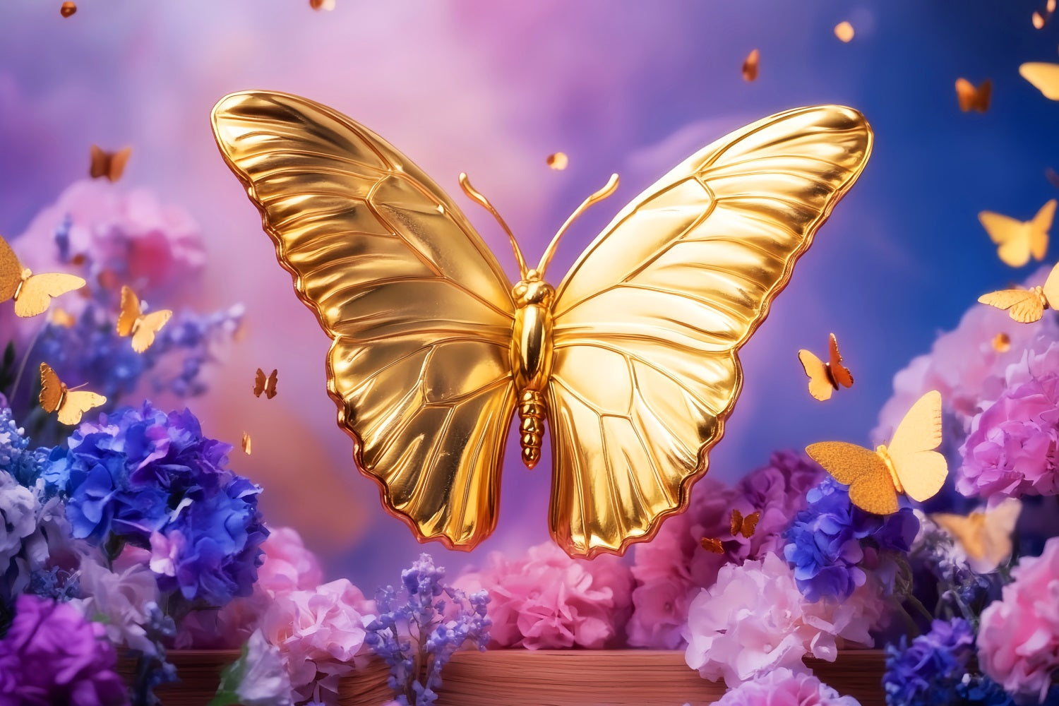 Schmetterling Fotohintergrund Goldener Schmetterling Blumen-Fantasie Neugeborenen Fotohintergrund LXX58-379