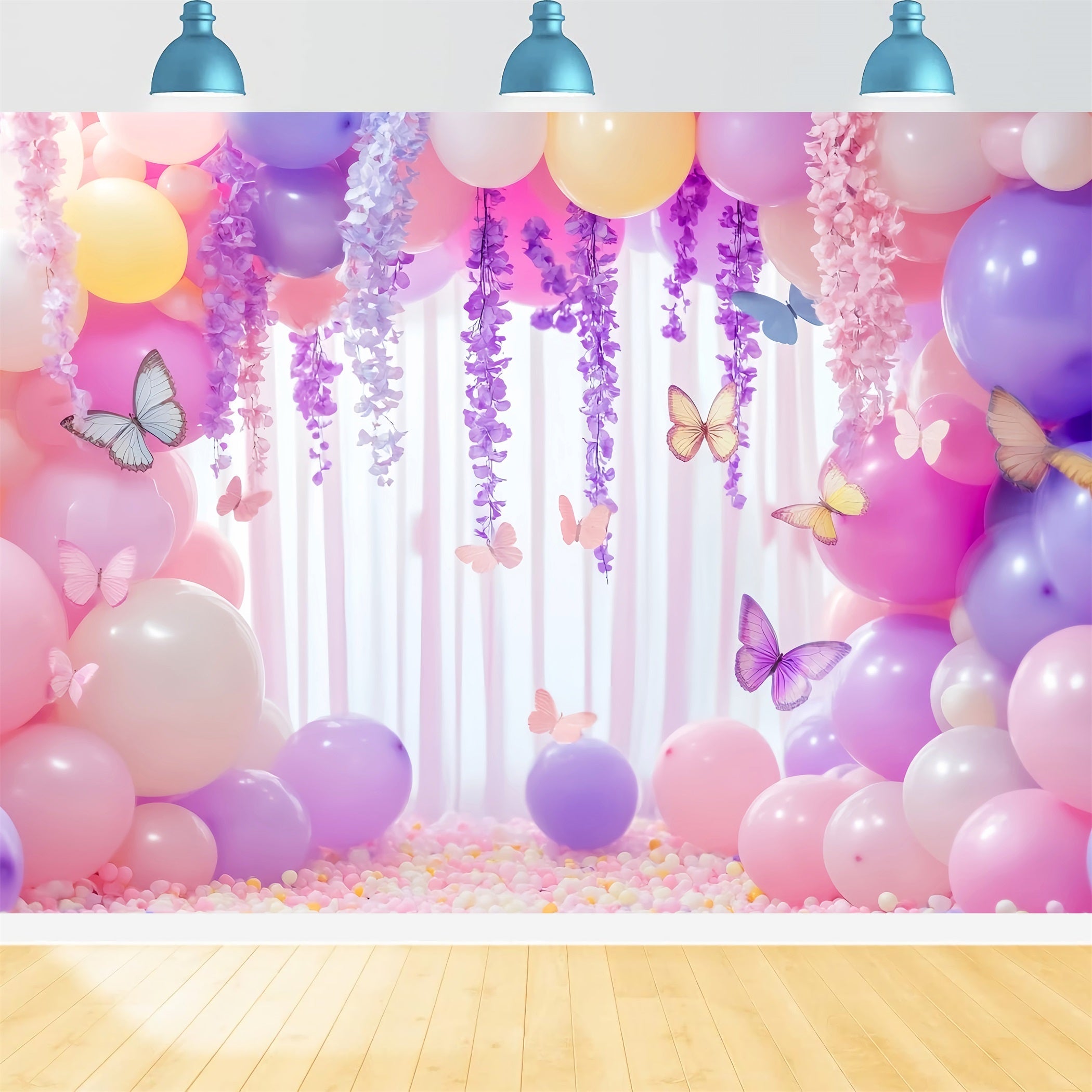 Schmetterling Fotohintergrund Schmetterlingsballons Pastellgirlande Neugeborenen Fotoshooting Fotohintergrund LXX58-380
