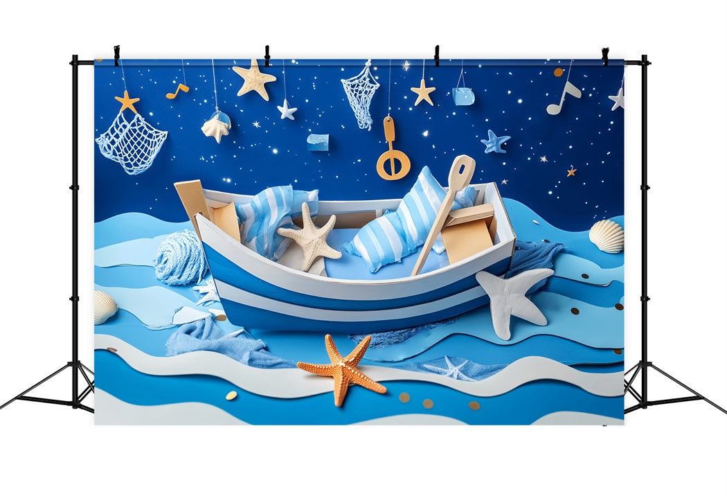 Neugeborenen Fotohintergrund Blaues Boot Seestern Nacht KinderFotohintergrund LXX58-382