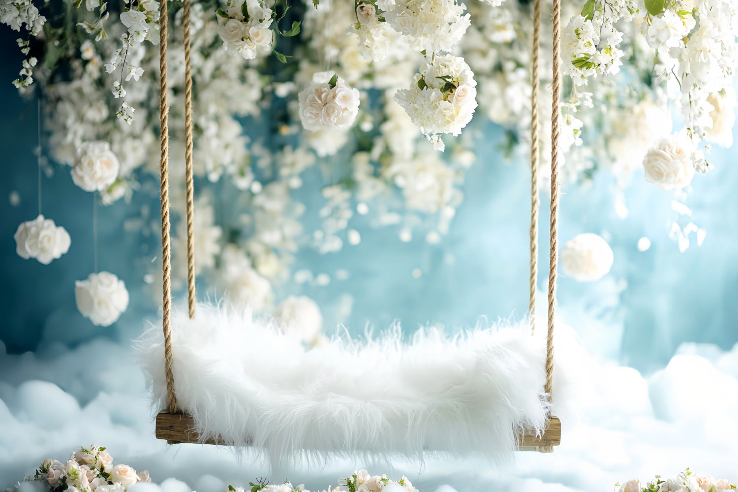Neugeborenen Fotohintergrund Weiße Blüte Schaukel Flauschiger Sitz Neugeborenen Fotohintergrund LXX58-384