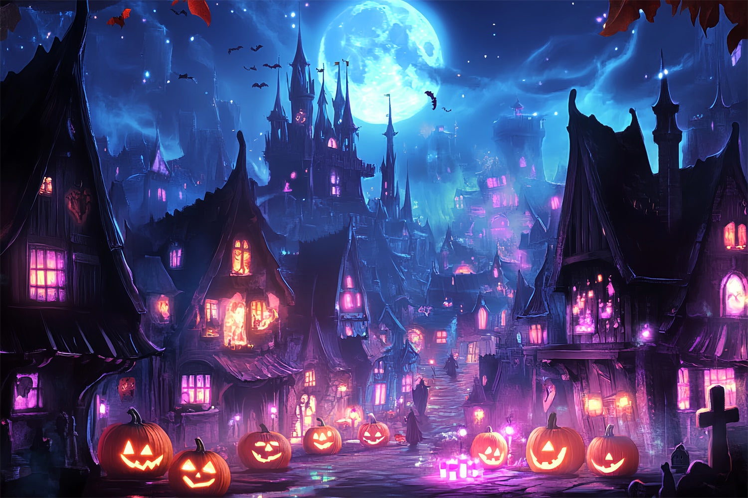 Gespenstische Halloween Kulisse Mystische Hexenstadt Foto Hintergrund LXX58-43