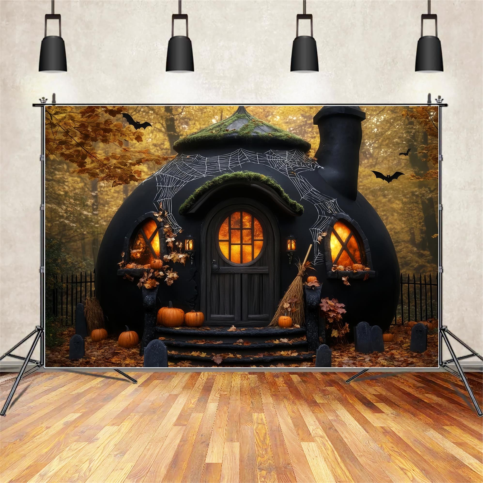 Horror Fotohintergrund Gruseliger Kürbis Hexenhütte Halloween-FotokabinenFotohintergrund LXX59-100