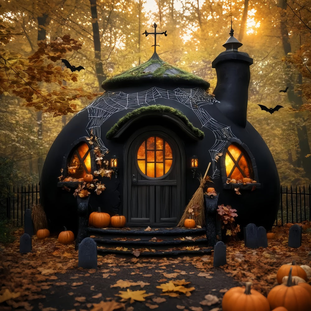 Horror Fotohintergrund Gruseliger Kürbis Hexenhütte Halloween-FotokabinenFotohintergrund LXX59-100