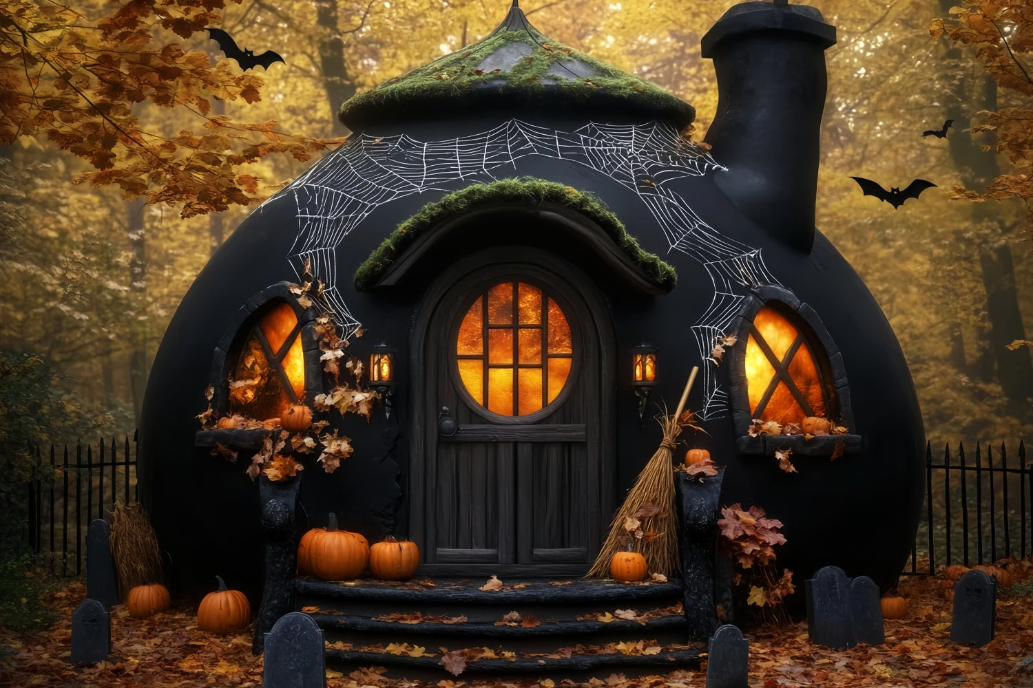 Horror Fotohintergrund Gruseliger Kürbis Hexenhütte Halloween-FotokabinenFotohintergrund LXX59-100