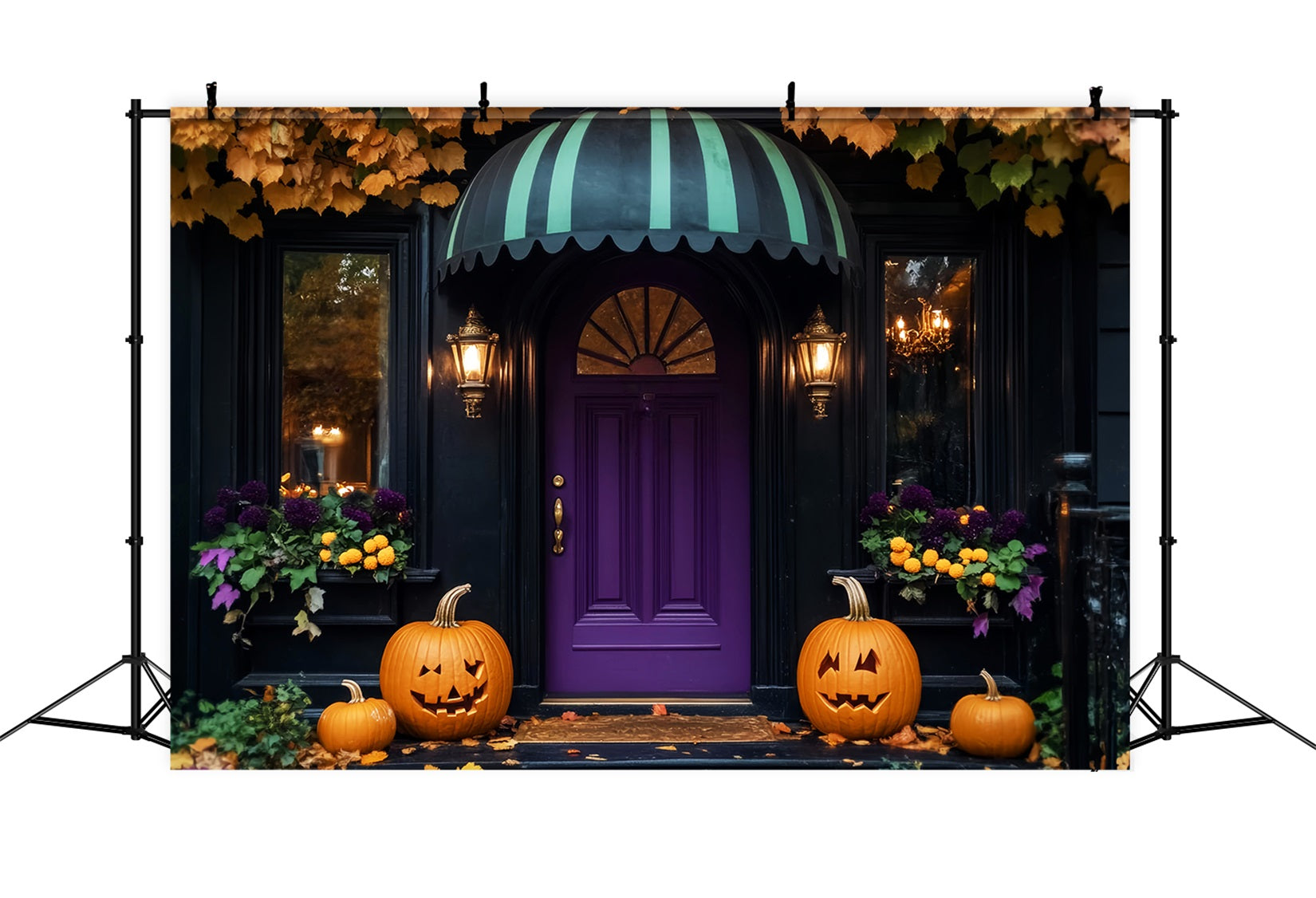 Farbiger Fotohintergrund Lila Tür Kürbislaternen Halloween-Fotohintergrund-Ideen LXX59-102