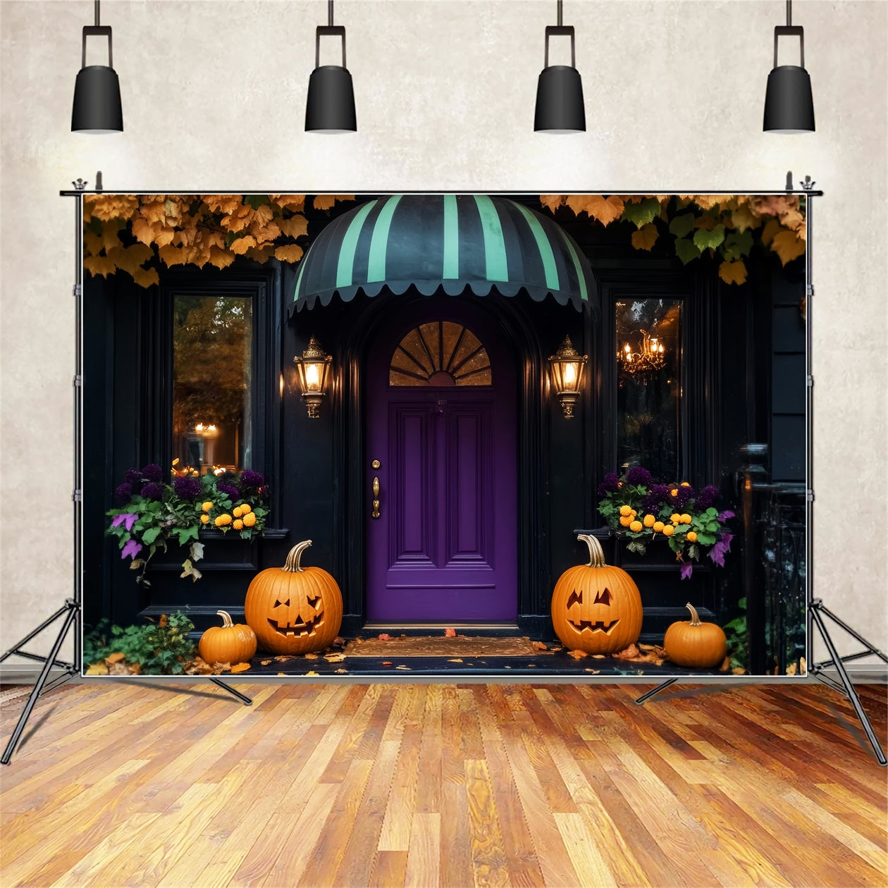Farbiger Fotohintergrund Lila Tür Kürbislaternen Halloween-Fotohintergrund-Ideen LXX59-102