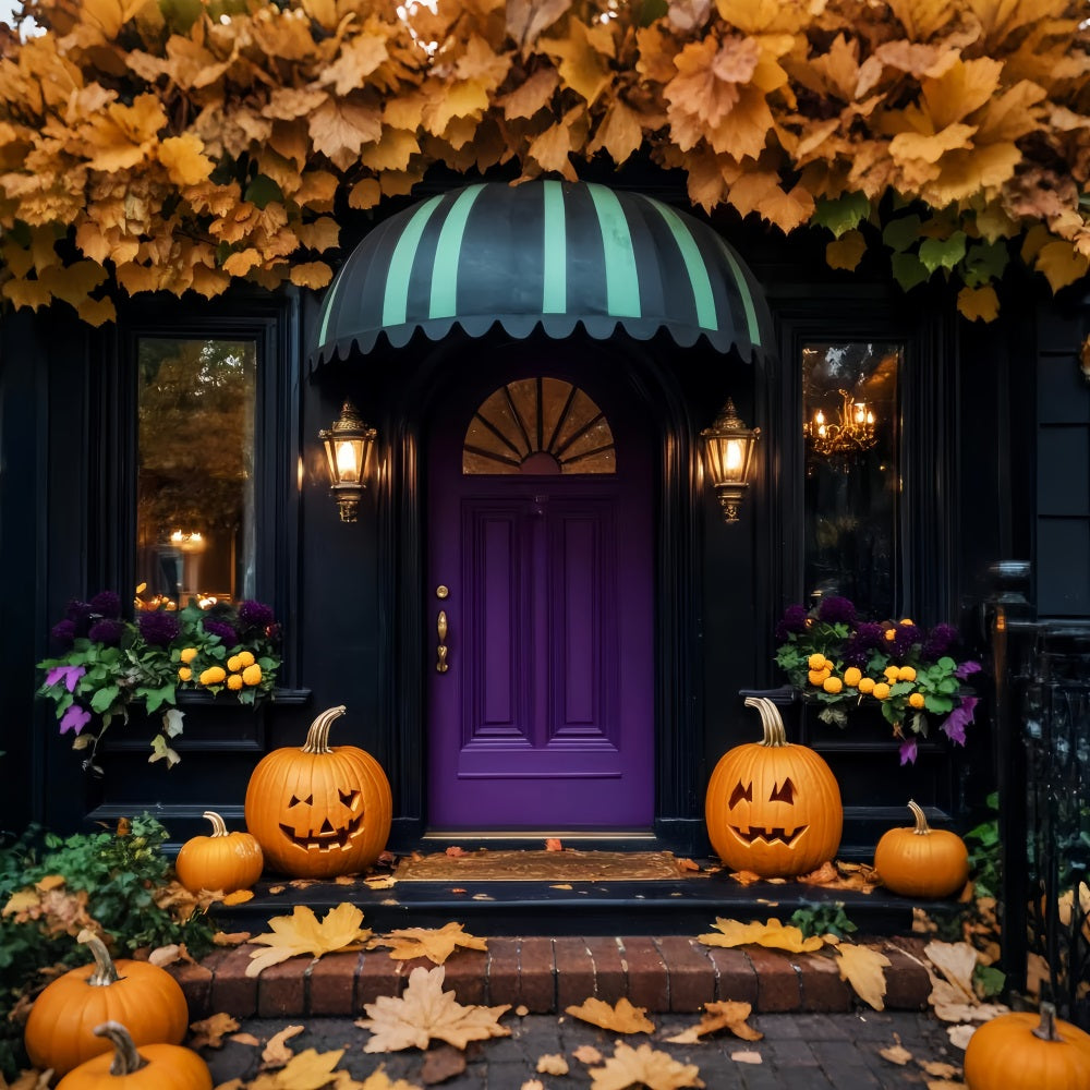 Farbiger Fotohintergrund Lila Tür Kürbislaternen Halloween-Fotohintergrund-Ideen LXX59-102