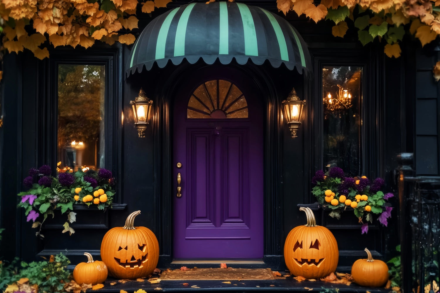 Farbiger Fotohintergrund Lila Tür Kürbislaternen Halloween-Fotohintergrund-Ideen LXX59-102