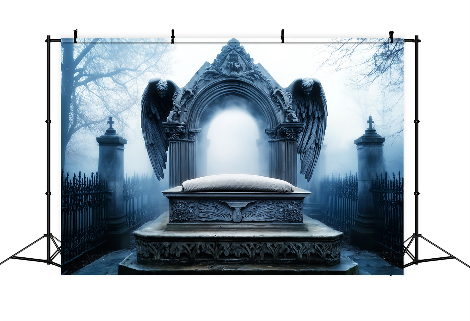 FriedhofsFotohintergrund Engel Grabstein Friedhof Nebel Halloween-BildFotohintergrund LXX59-103