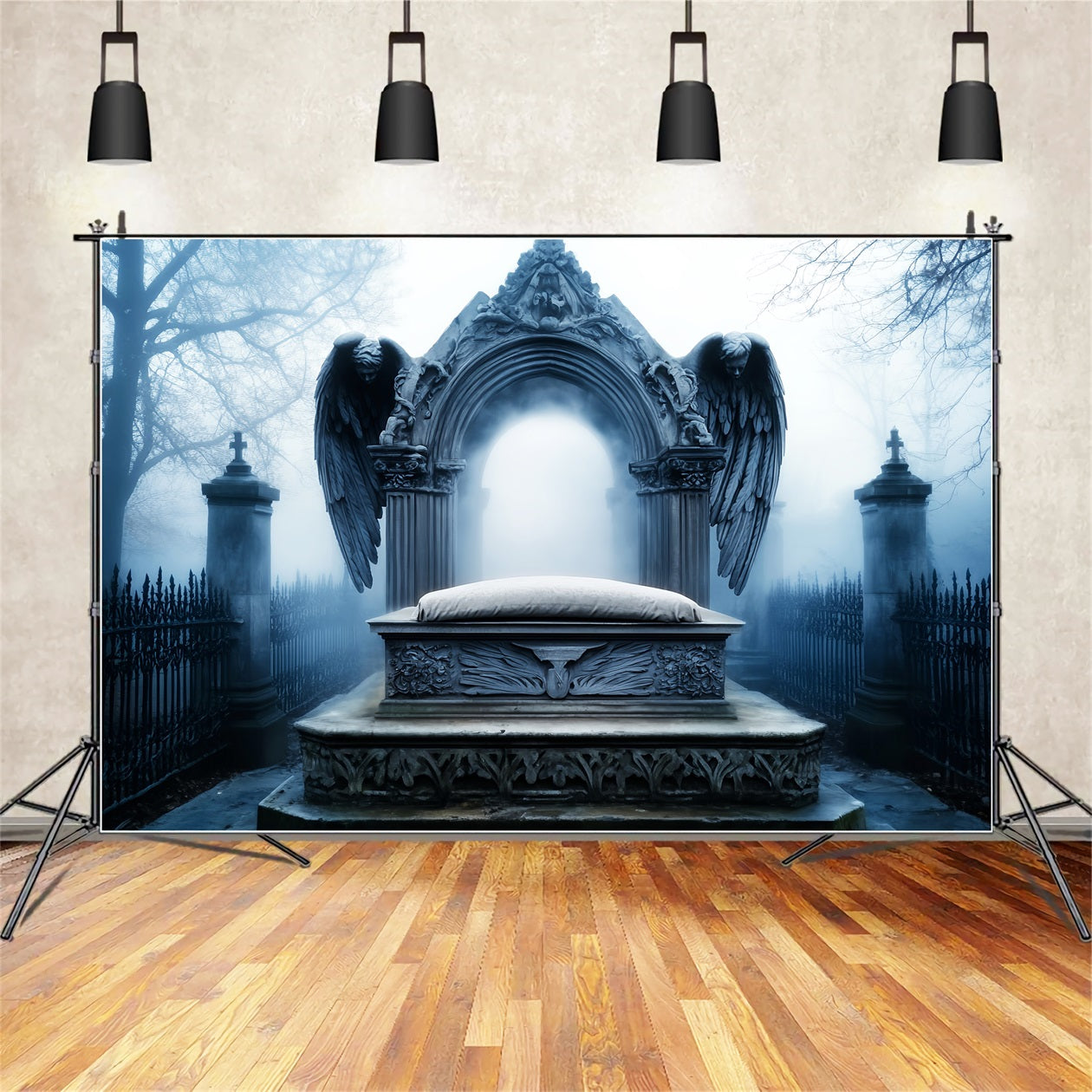 FriedhofsFotohintergrund Engel Grabstein Friedhof Nebel Halloween-BildFotohintergrund LXX59-103