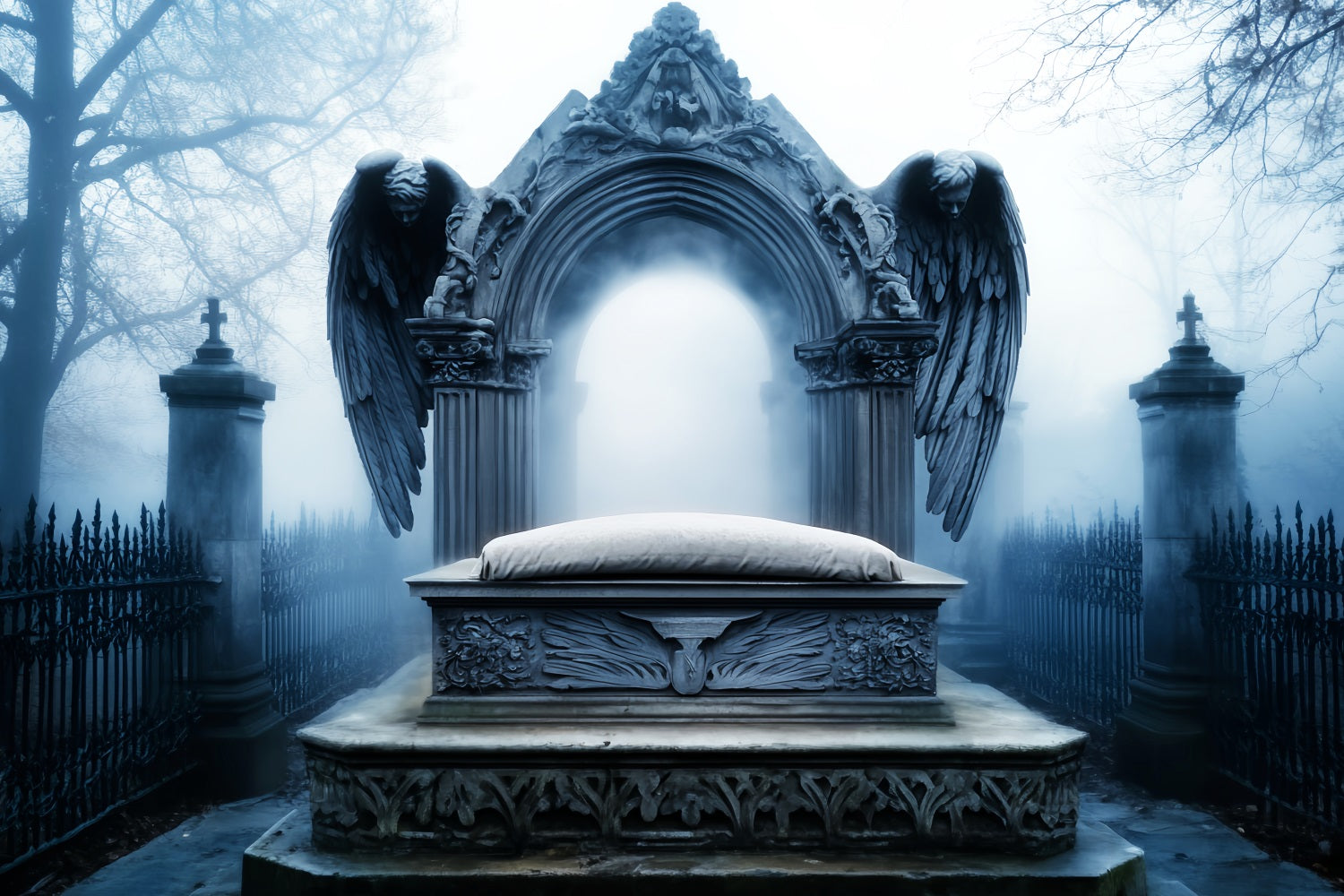 FriedhofsFotohintergrund Engel Grabstein Friedhof Nebel Halloween-BildFotohintergrund LXX59-103