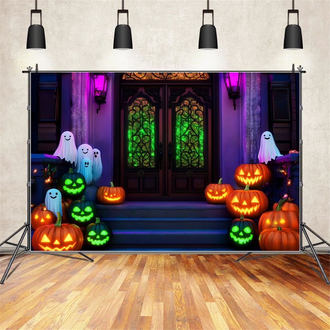 Halloween Geister Fotohintergrund Neon Geisterkürbis Treppe Halloween-Hintergründe LXX59-106