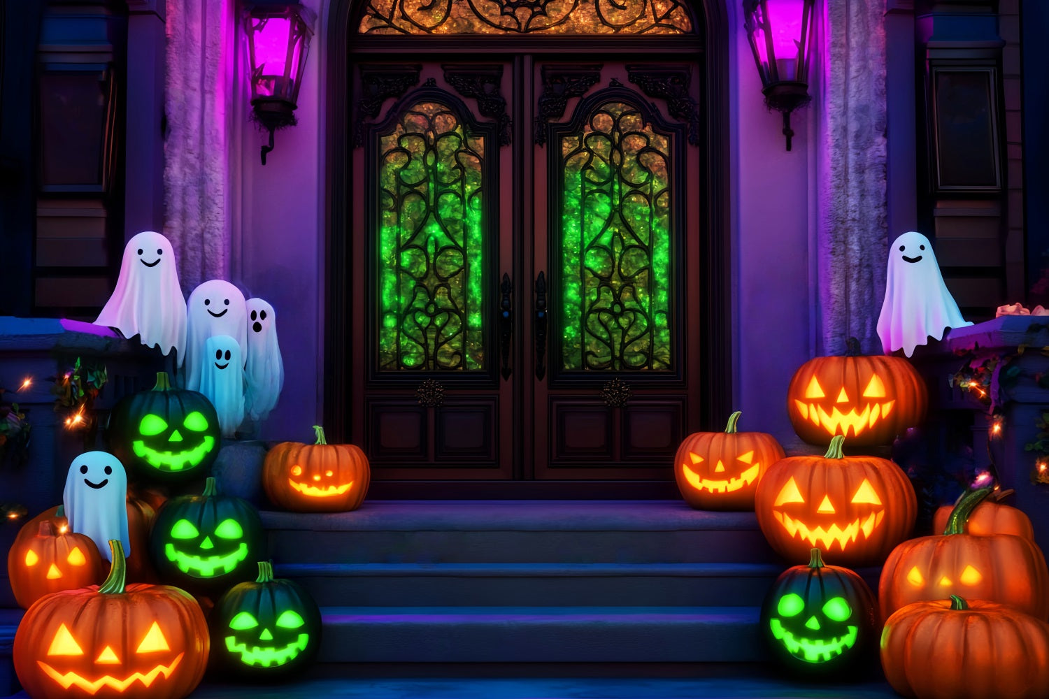 Halloween Geister Fotohintergrund Neon Geisterkürbis Treppe Halloween-Hintergründe LXX59-106