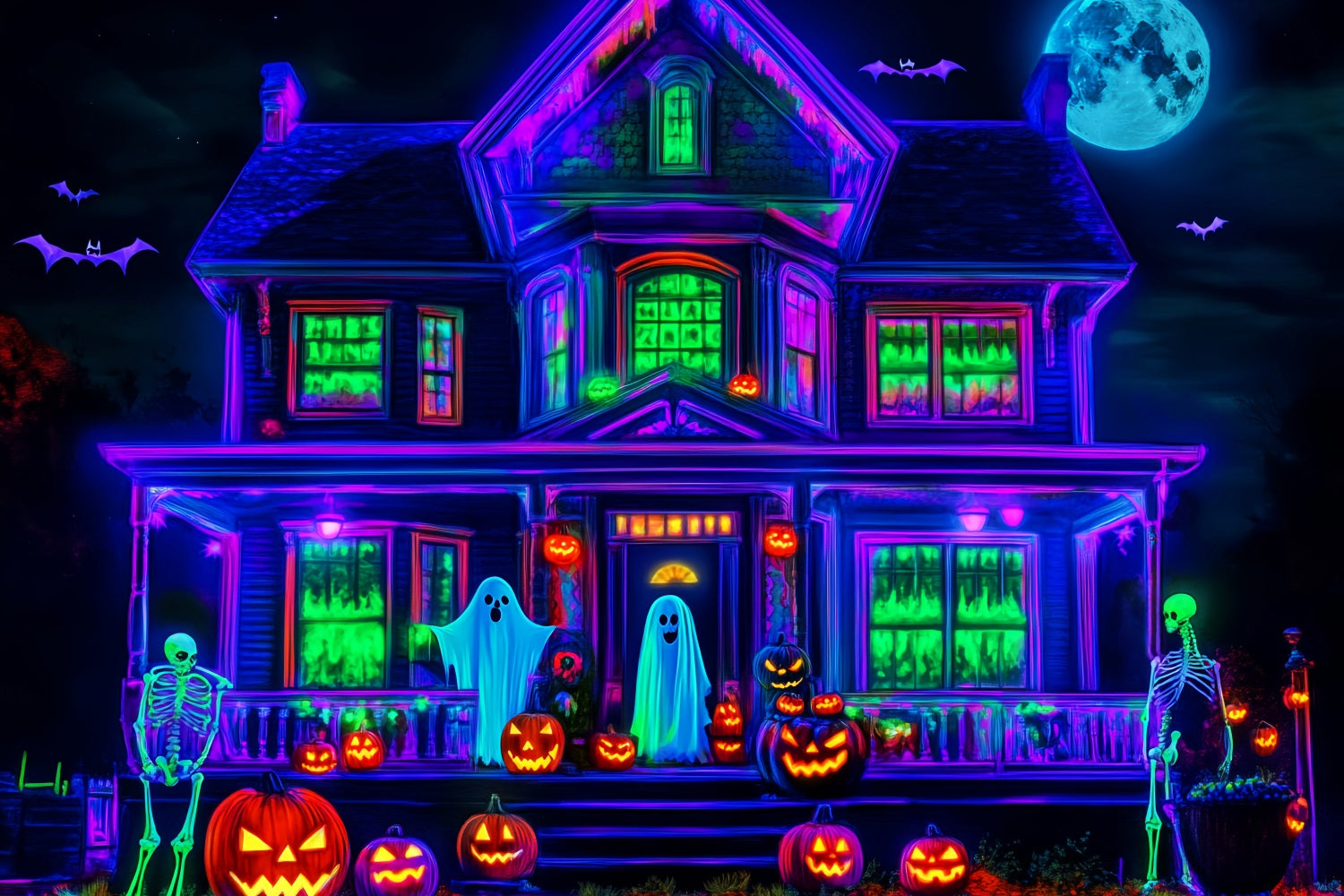 Halloween Geister Fotohintergrund Neon-Spukhaus Leuchtender gruseliger Halloween Fotohintergrund LXX59-108