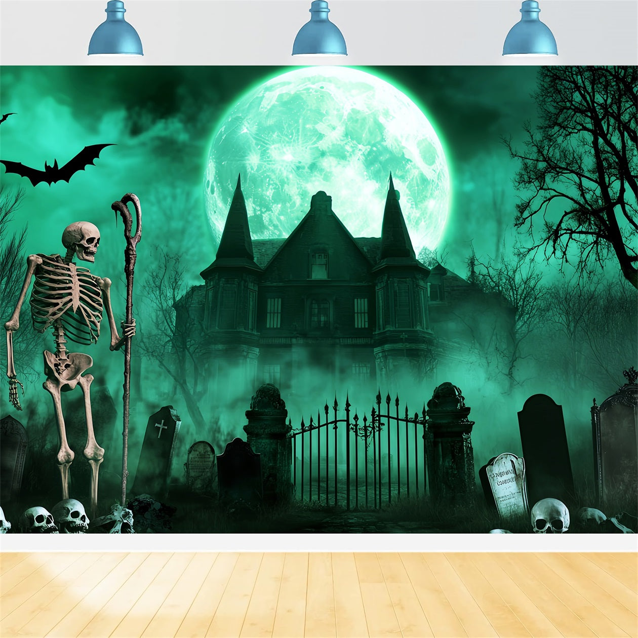 Friedhof Fotohintergrund Skelett Friedhof Grüner Mond Gruseliger Halloween Fotohintergrund LXX59-113