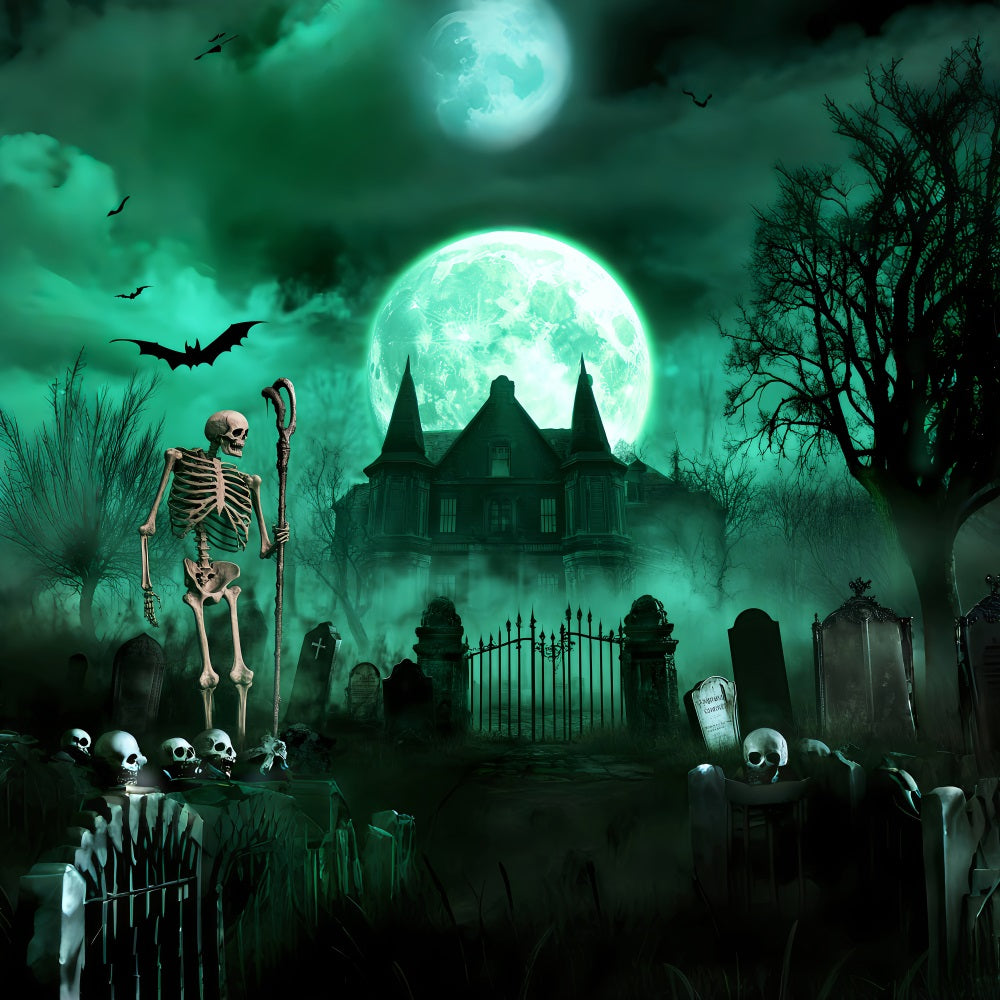 Friedhof Fotohintergrund Skelett Friedhof Grüner Mond Gruseliger Halloween Fotohintergrund LXX59-113
