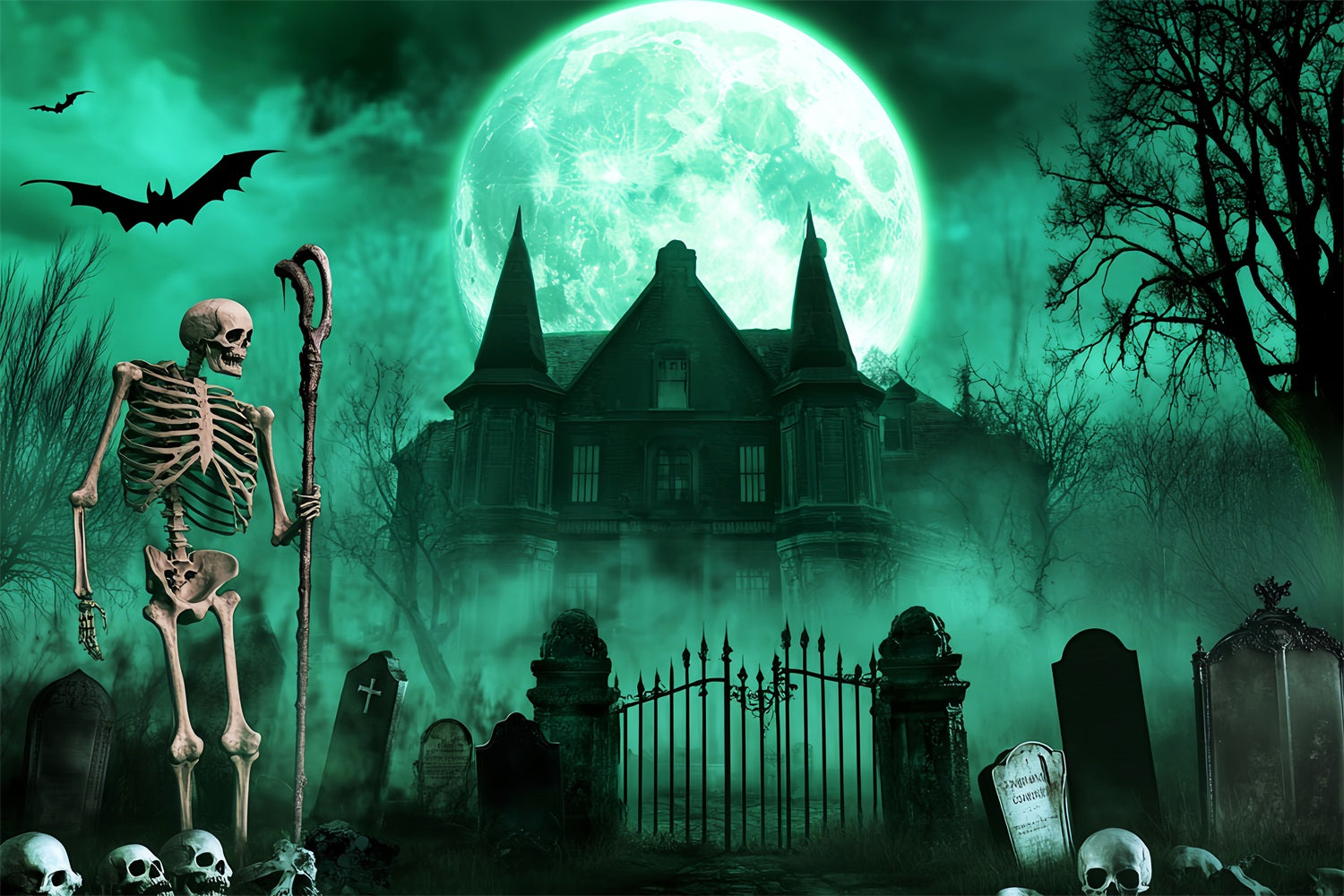 Friedhof Fotohintergrund Skelett Friedhof Grüner Mond Gruseliger Halloween Fotohintergrund LXX59-113