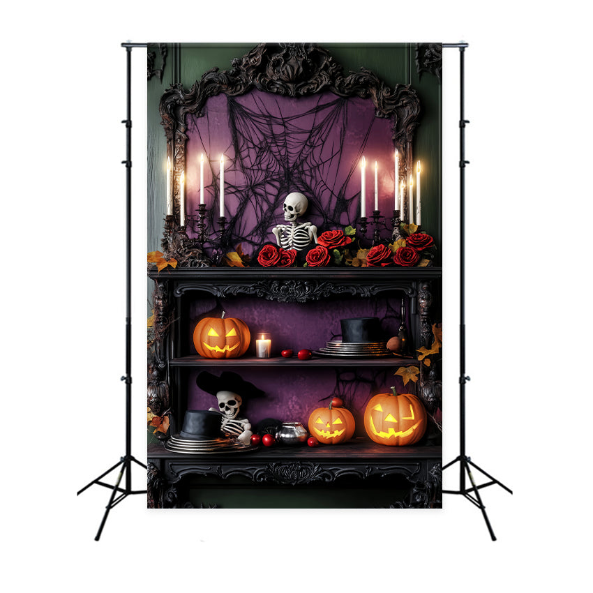 Spukwald Fotohintergrund Lila Rosen Skelettregal Halloween-Fotohintergrund LXX59-114
