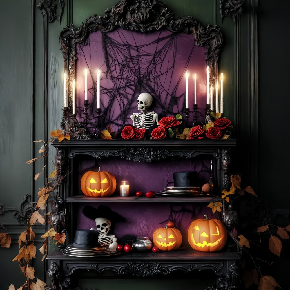 Spukwald Fotohintergrund Lila Rosen Skelettregal Halloween-Fotohintergrund LXX59-114
