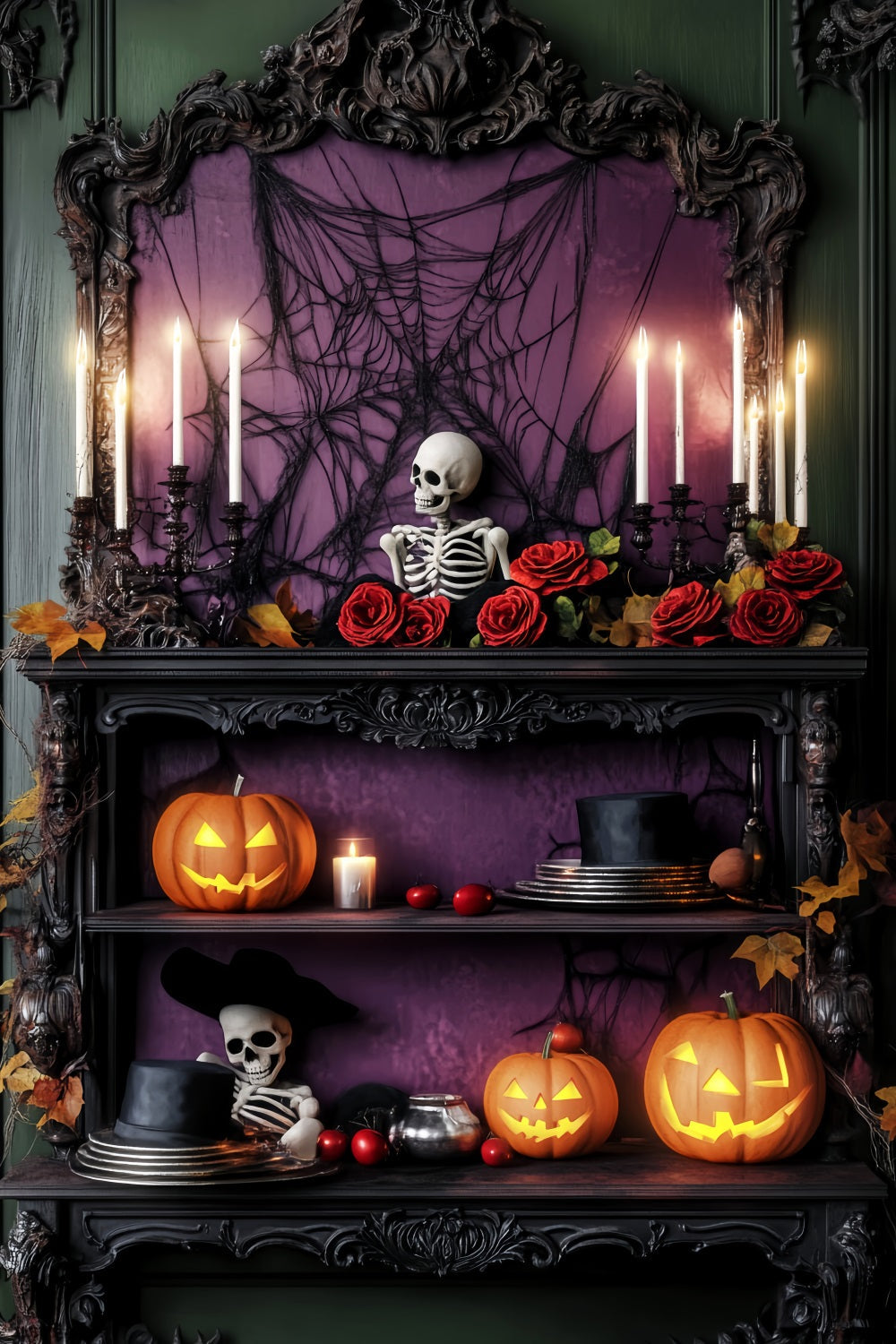 Spukwald Fotohintergrund Lila Rosen Skelettregal Halloween-Fotohintergrund LXX59-114