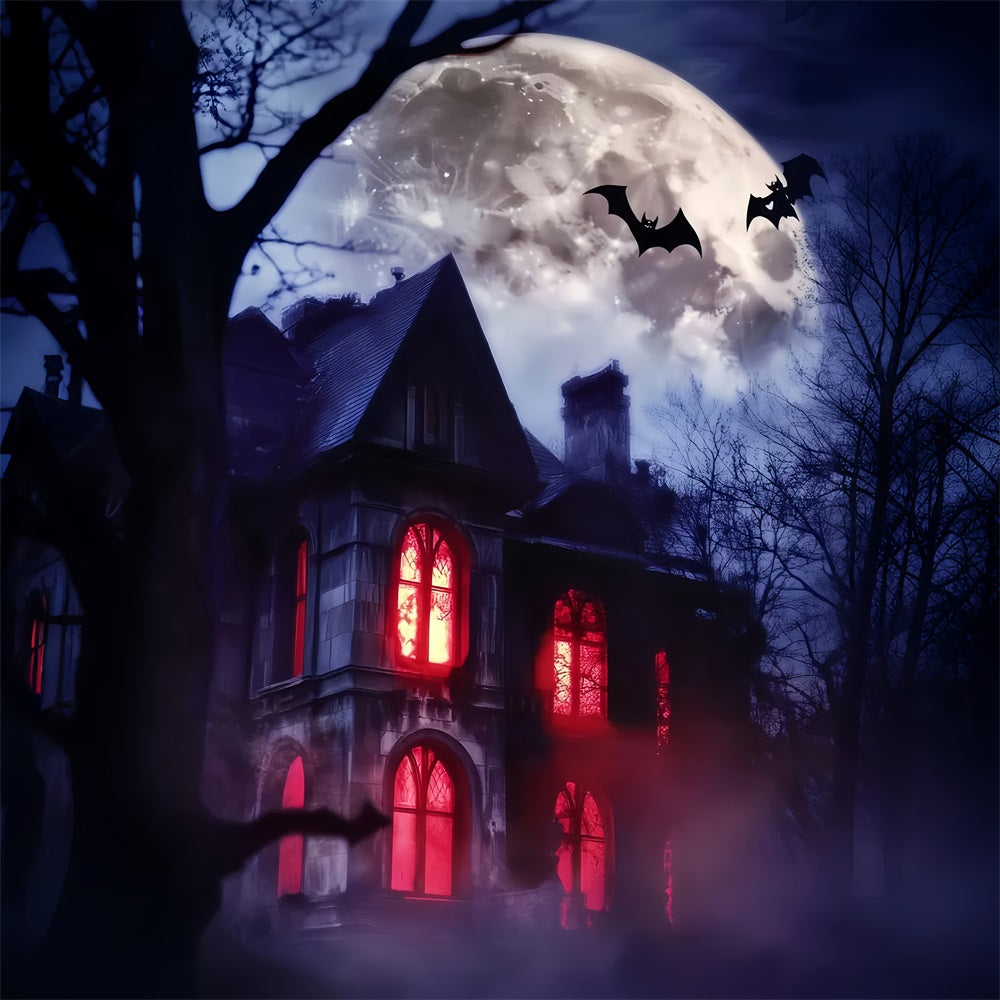 Spukwald Fotohintergrund Spukvilla Rote Fenster Halloween Fotohintergrund LXX59-115