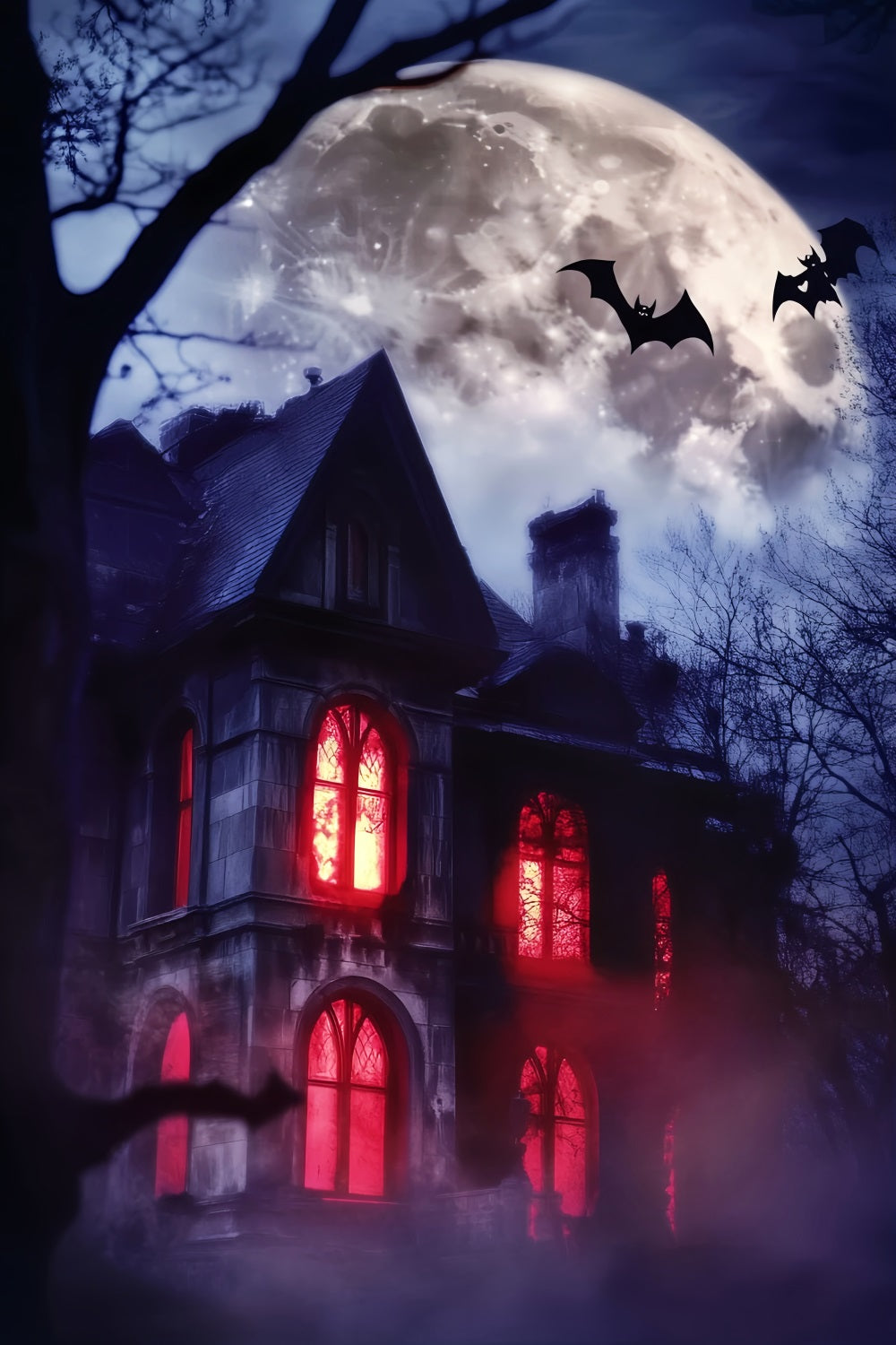 Spukwald Fotohintergrund Spukvilla Rote Fenster Halloween Fotohintergrund LXX59-115