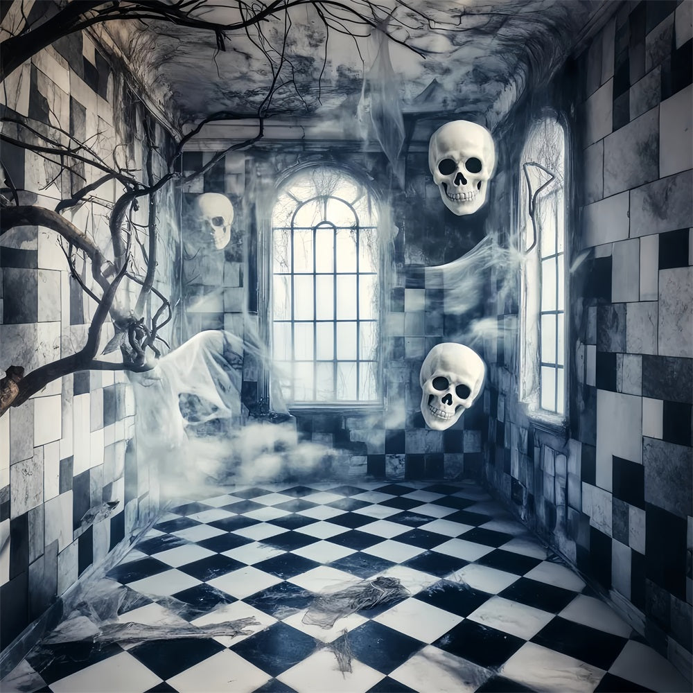 Spukwald Fotohintergrund Schwebende Schädel Korridor Gruseliger Halloween Fotohintergrund LXX59-116