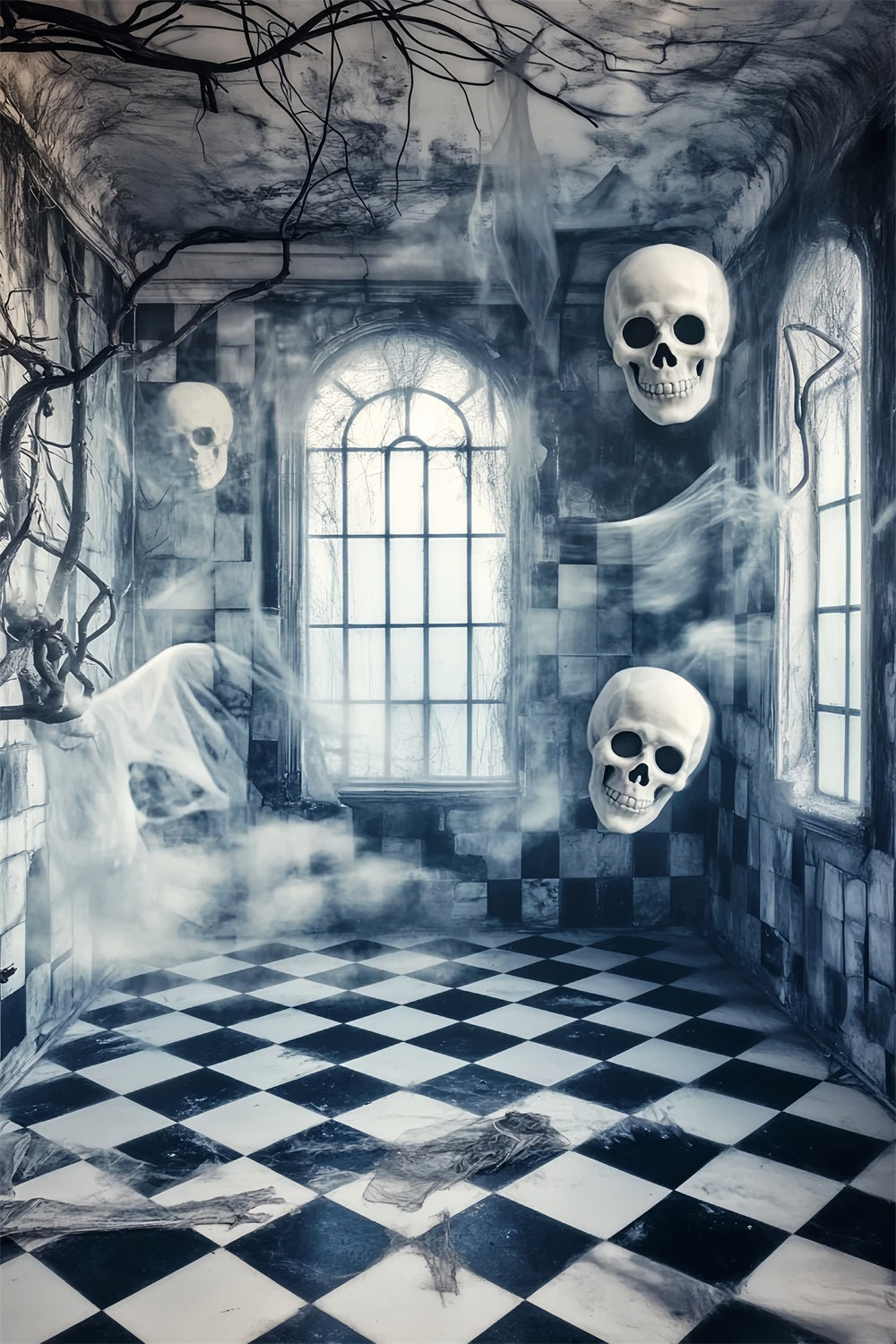 Spukwald Fotohintergrund Schwebende Schädel Korridor Gruseliger Halloween Fotohintergrund LXX59-116
