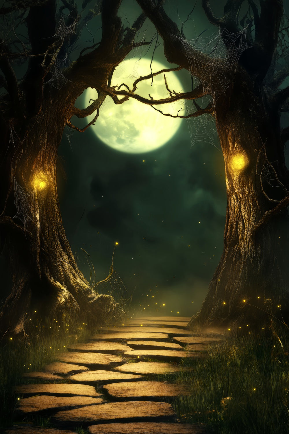 Spukwald Fotohintergrund Mondbeschienener Weg Verzauberte Bäume Halloween-Fotohintergrund LXX59-118