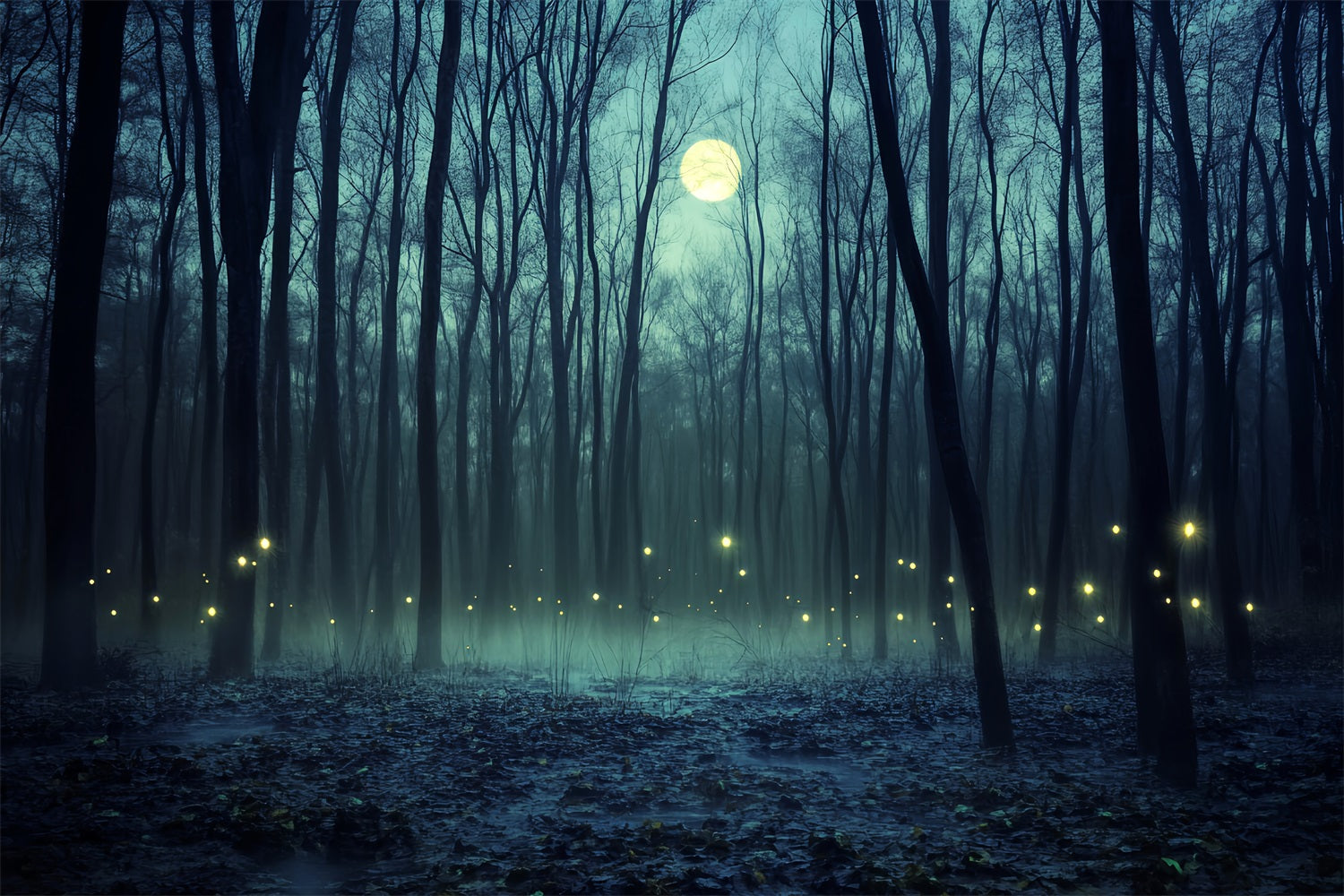 Spukwald Fotohintergrund Mondbeschienener Wald Glühwürmchenglühen Halloween-Fotohintergründe LXX59-121