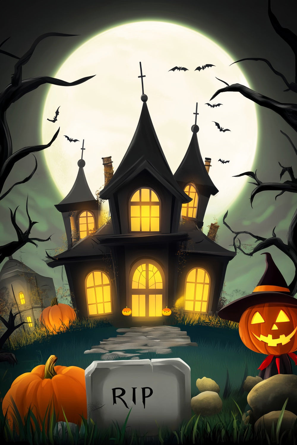 Spukwald Fotohintergrund Cartoon-Villa Vollmond Halloween-Fotografie Fotohintergrund LXX59-123