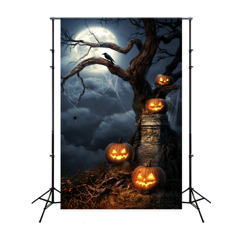 Spukwald Fotohintergrund Leuchtende Kürbisse Mondbeschienener Baum Halloween Fotohintergrundideen LXX59-124