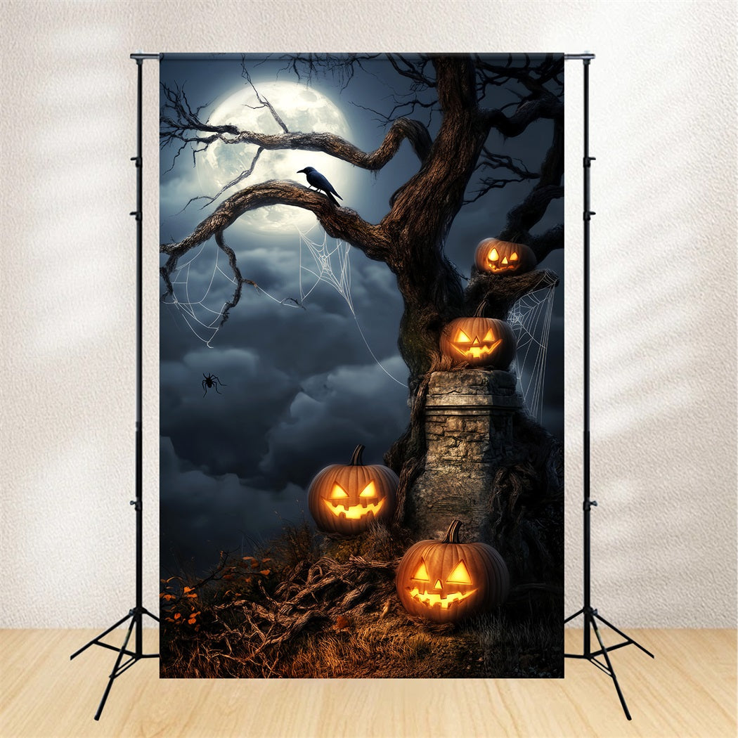 Spukwald Fotohintergrund Leuchtende Kürbisse Mondbeschienener Baum Halloween Fotohintergrundideen LXX59-124