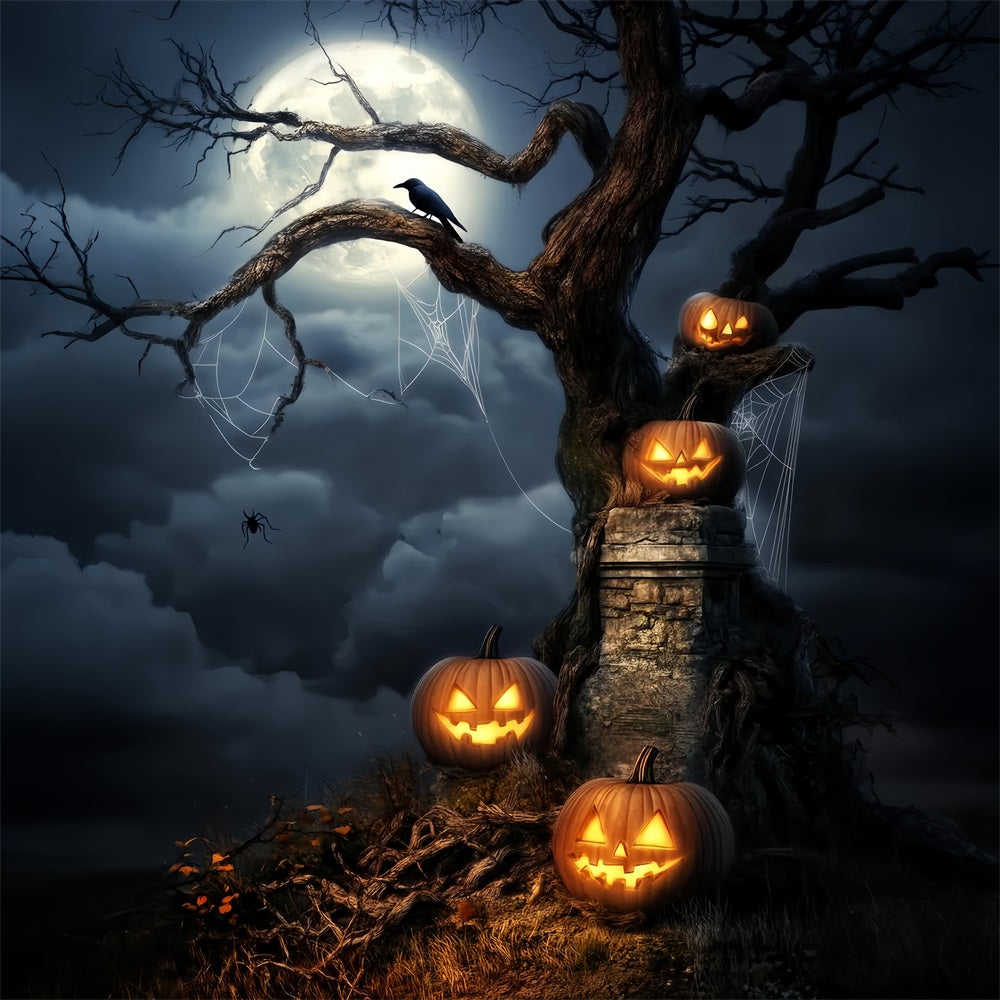 Spukwald Fotohintergrund Leuchtende Kürbisse Mondbeschienener Baum Halloween Fotohintergrundideen LXX59-124