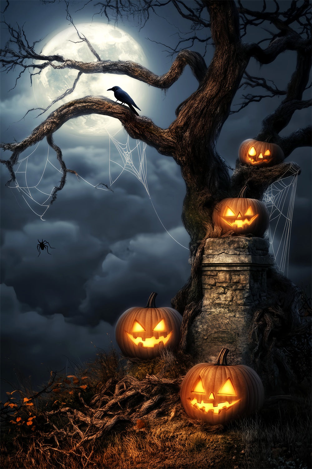 Spukwald Fotohintergrund Leuchtende Kürbisse Mondbeschienener Baum Halloween Fotohintergrundideen LXX59-124