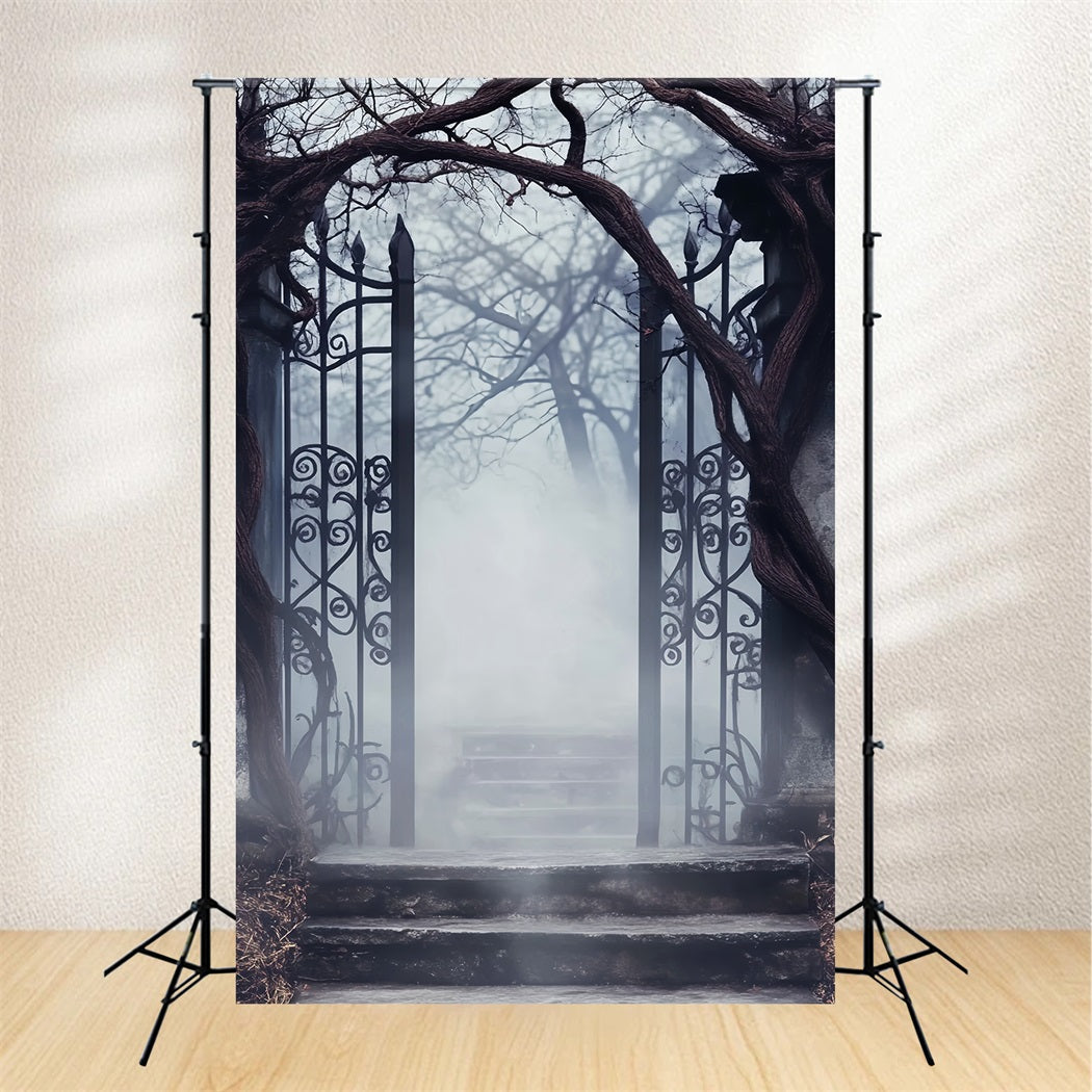 Spukwald Fotohintergrund Nebligem Friedhof Eisentor Halloween-Fotohintergrund LXX59-125