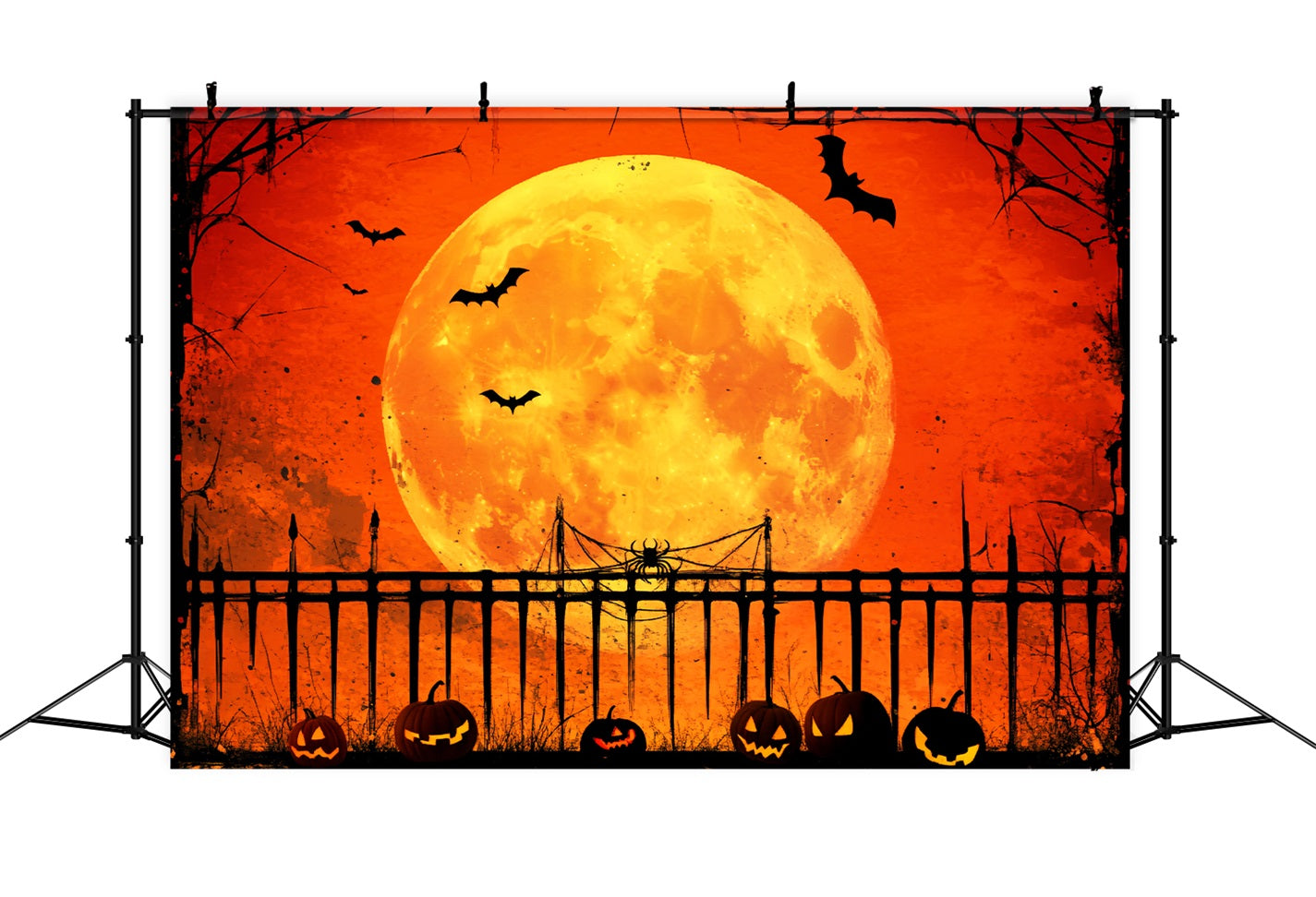 Spukwald Fotohintergrund Kürbissen, mondbeschienenem Zaun und Schatten, Halloween-MondFotohintergrund LXX59-128