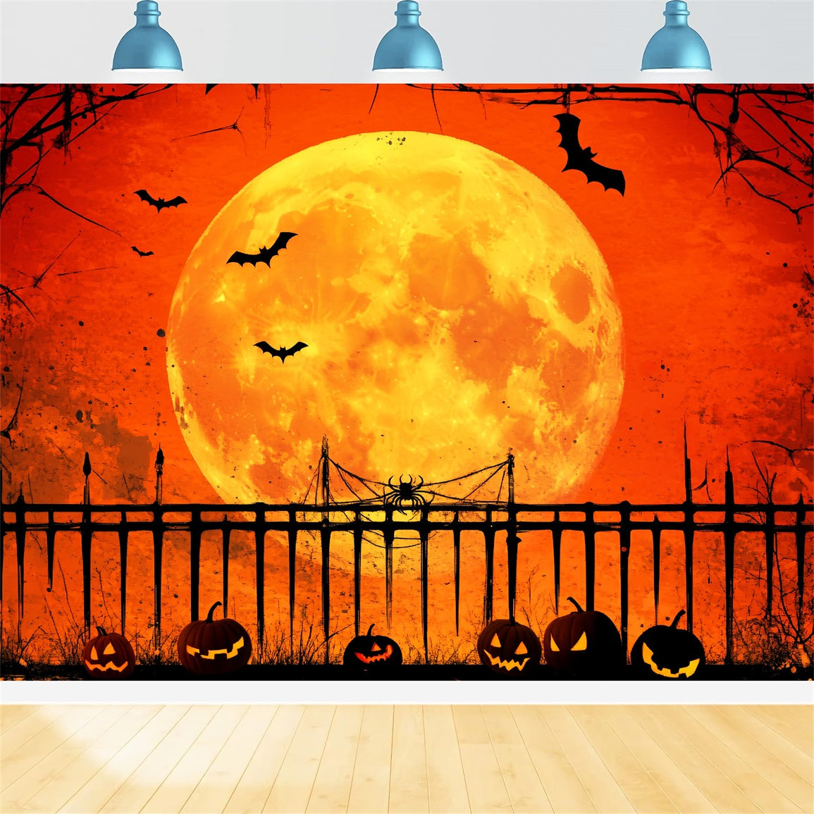 Spukwald Fotohintergrund Kürbissen, mondbeschienenem Zaun und Schatten, Halloween-MondFotohintergrund LXX59-128