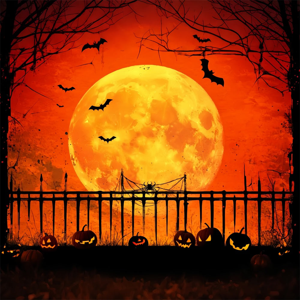 Spukwald Fotohintergrund Kürbissen, mondbeschienenem Zaun und Schatten, Halloween-MondFotohintergrund LXX59-128