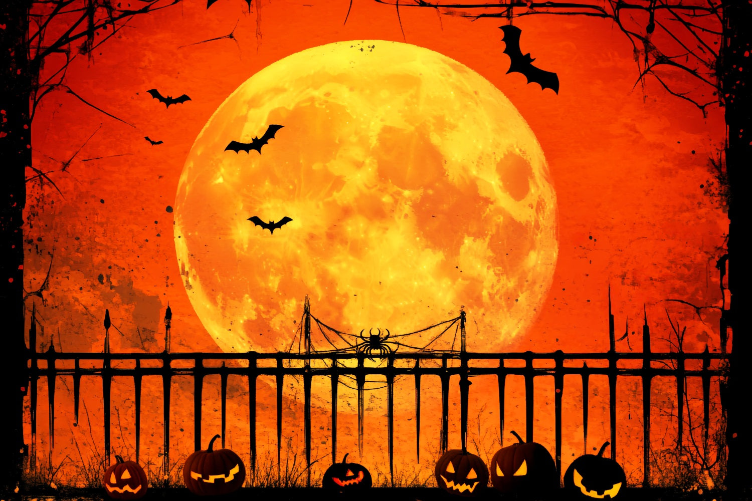 Spukwald Fotohintergrund Kürbissen, mondbeschienenem Zaun und Schatten, Halloween-MondFotohintergrund LXX59-128