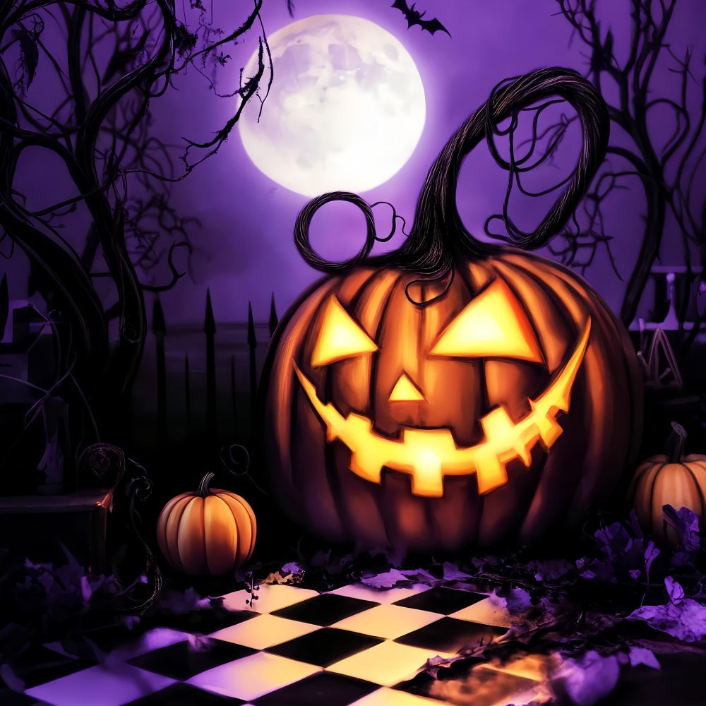 Spukwald Fotohintergrund Riesenkürbis Grinsen unter Mond Halloween-Hintergründe LXX59-130
