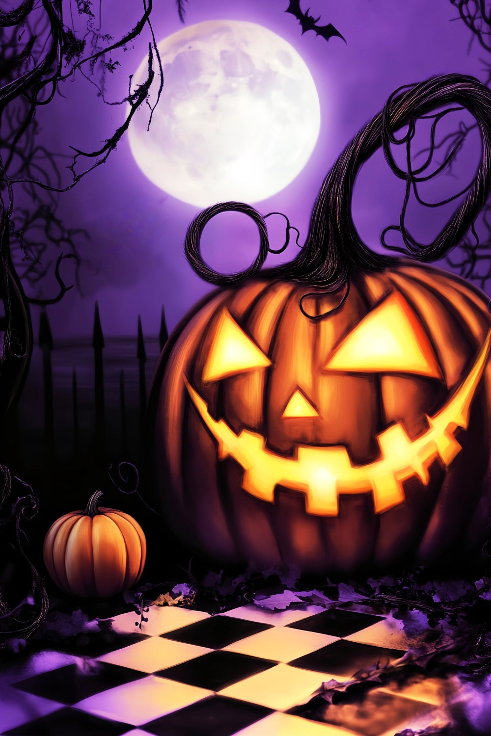 Spukwald Fotohintergrund Riesenkürbis Grinsen unter Mond Halloween-Hintergründe LXX59-130